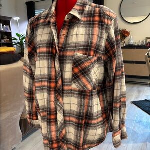 Arizona Jean Company Black, White, and Orange Plaid Shirt